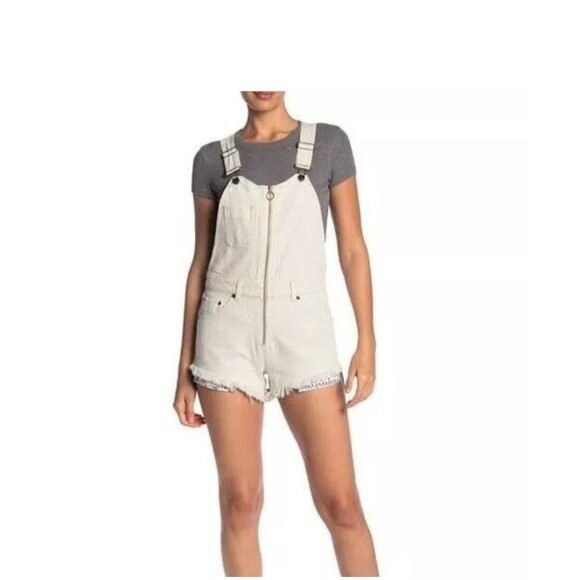 Free People Sunkissed Denim Short Overalls Size 6 Womens Jean Overall Zip Up S - Picture 1 of 9